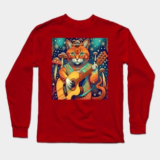 mushroom loving cat guitar player Long Sleeve T-Shirt